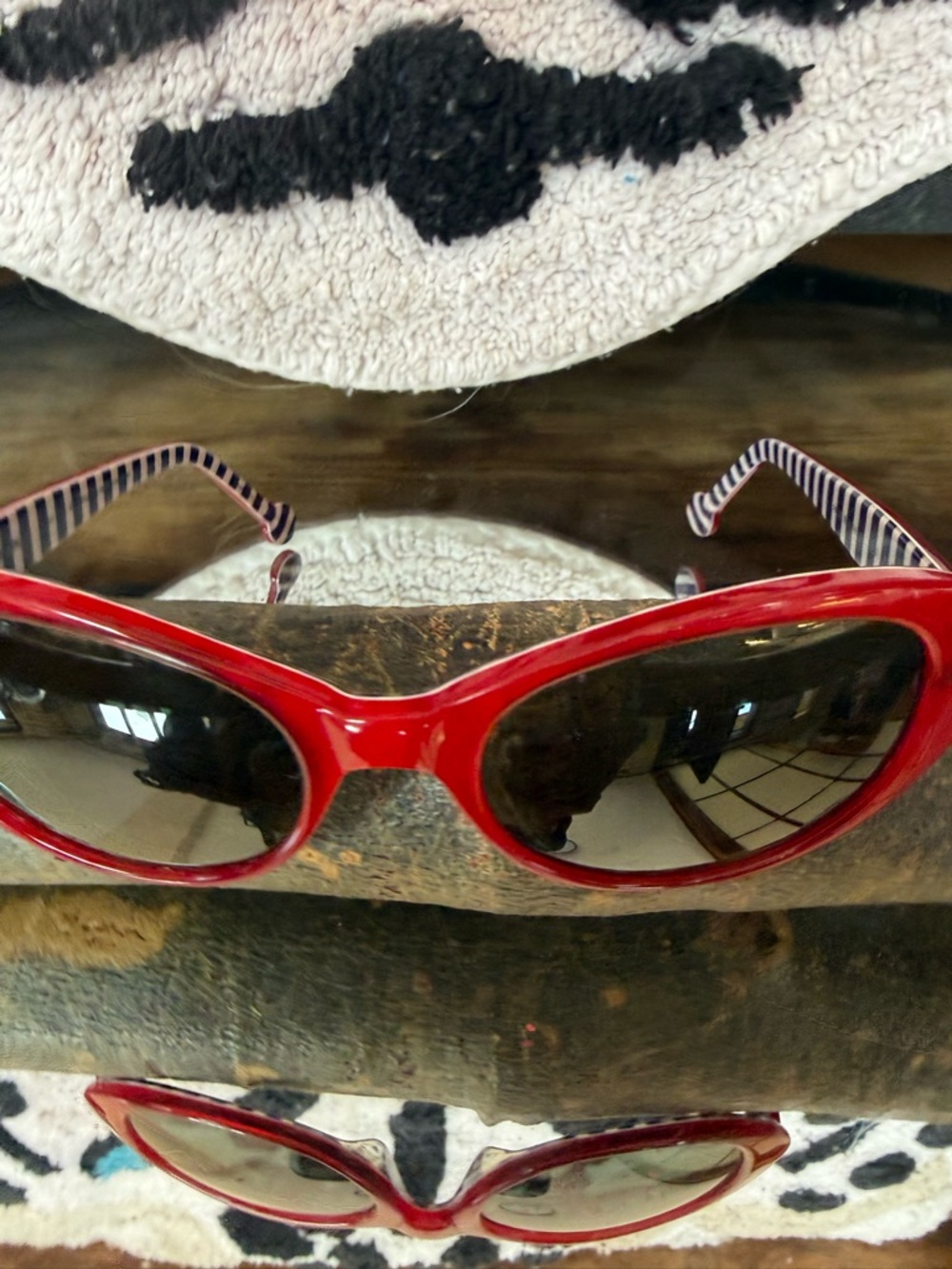 Jonathan Adler Red Cat-Eye Sunglasses with Striped Temples - Picture 2 of 6